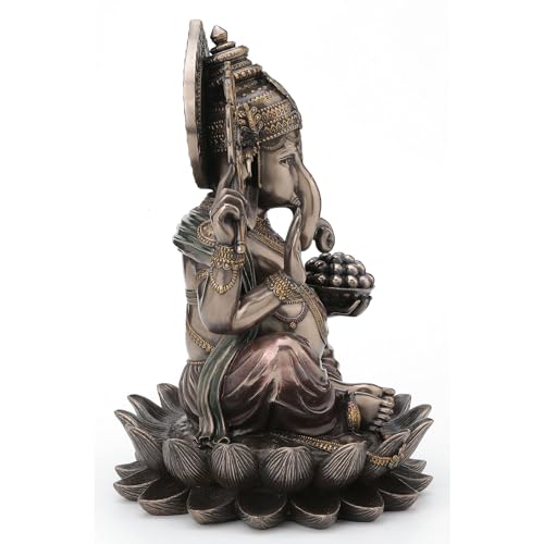 Veronese Design 9 7/8 Inch Lord Ganesha Sitting on Lotus Hindu God Antique Bronze Finish Resin Statue