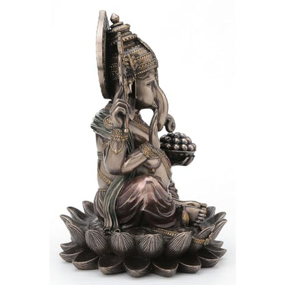 Veronese Design 9 7/8 Inch Lord Ganesha Sitting on Lotus Hindu God Antique Bronze Finish Resin Statue