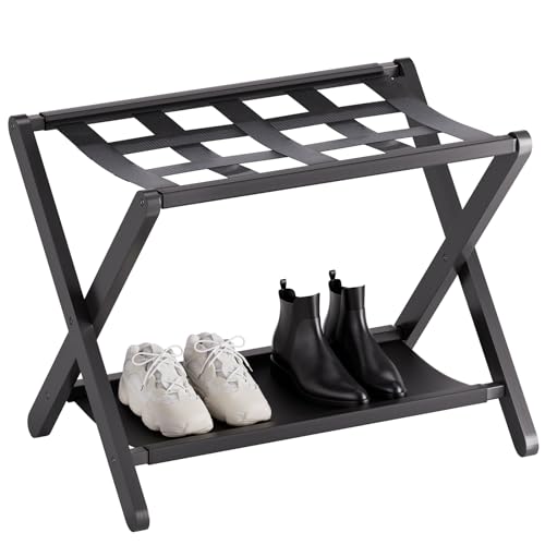 HITNET Luggage Rack for Guest Room, Suitcase Stand Folding Bedroom, Bamboo Hotel Luggage Holder with Fabric Storage Shelf and Nylon Straps, Black - color: Black