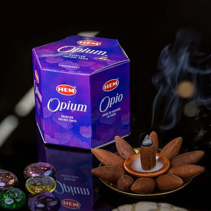 HEM Opium Backflow Incense Cones – Pack of 40 Brown Cones | Long-Lasting Exotic Aroma for Positivity, Relaxation & Cleansing | Wood Powder Aromatherapy for Stress Relief & Air Purification