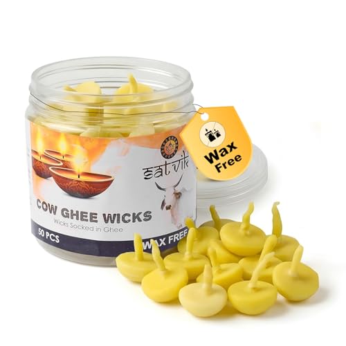 SATVIK 50 Pc Pure Cow Ghee Wicks for Puja (Upto 30 Mins) Ghee Diya Pooja Home and Mandir. Nitya Pujan Readymade Ghee Diya Pujan Indian Housewarming Return Gift Items Accessories. Diwali Cotton Wicks - size: 50PC