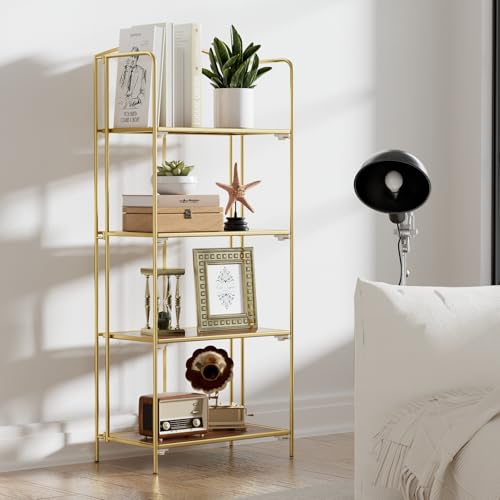 Crofy 4-Tier Foldable Bookshelf, Gold Frame & Walnut Shelves - color: Gold Frame & Walnut Shelf, size: 4 Tier