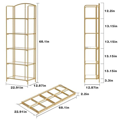 Crofy 5-Tier Foldable Bookshelf, Gold Frame & Transparent Shelves - color: Gold Frame & Transparent Shelf, size: 5 Tier