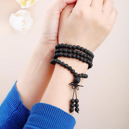 AD Beads 6mm 8mm 108 Prayer Mala Jasper Elastic Bracelet - Handmade Yoga Meditation Healing Power Energy Gifts for Unisex Adult. - color: Black Lava(Warmth)