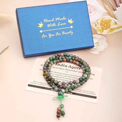 AD Beads 6mm 8mm 108 Prayer Mala Jasper Elastic Bracelet - Handmade Yoga Meditation Healing Power Energy Gifts for Unisex Adult. - color: India Agate(Peaceful)