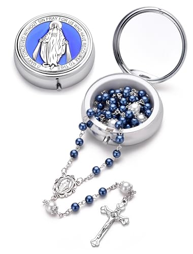 Rosary for Women with Case and 18pcs Prayer Cards, First Communion Gifts for Girls, Glass Pearl Beads and Virgin Mary Medal, Catholic Gifts - color: Blue
