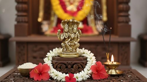2.25 Inches Solid Brass Laxmi Narayan Murti | Lord Vishnu & Goddess Lakshmi Seated on Shesh Nag in Blessing Pose | Small Idol for Home Temple, Puja Room & Diwali Gift - size: Laxmi-Narayan