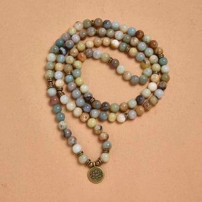 108 Natural Stone Mala Beads Yoga Bracelet with Lotus Charm - style: Amazonite