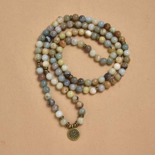 108 Natural Stone Mala Beads Yoga Bracelet with Lotus Charm - style: Amazonite