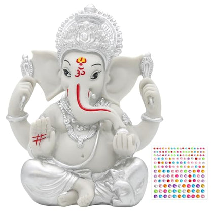 alikiki Hindu God Lord Ganesha Statue - 5.6" H Silver Toned Indian God Ganpati Idol Murti for Diwali Pooja Decor Mandir Temple Home Altar Office Shrine Puja Item Wedding Spiritual Decors