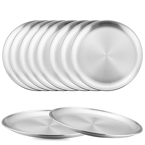 10-Piece Stainless Steel Plates, 8 Inch Metal Dinner Dishe Serving Camping Plates, Reusable and Dishwasher Safe - size: 10 Pieces