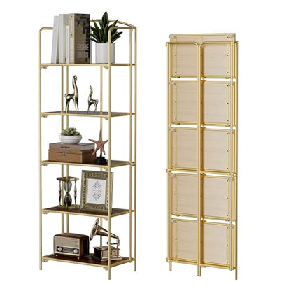 Crofy 5-Tier Foldable Bookshelf, Gold Frame & Walnut Shelves - color: Gold Frame & Walnut Shelf, size: 5 Tier