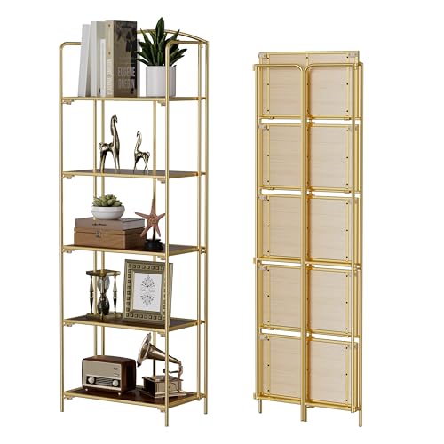 Crofy 5-Tier Foldable Bookshelf, Gold Frame & Walnut Shelves - color: Gold Frame & Walnut Shelf, size: 5 Tier