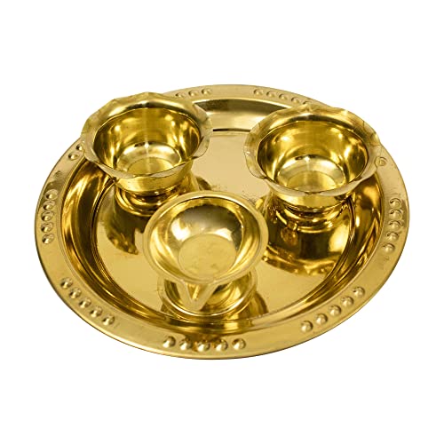 Spillbox Traditional Handcrafted Ganesha Brass Puja | Pooja Thali | Arati | Arathi | Arthi | Arti | Arathi | Bartan Thambulam Plate 2bowls 1 Diya (Small)
