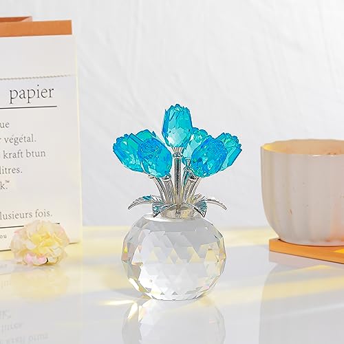 Movdyka Blue Crystal Rose Glass Flowers with Vase Figurine Home Decor - color: Lake Blue-crystal Rose