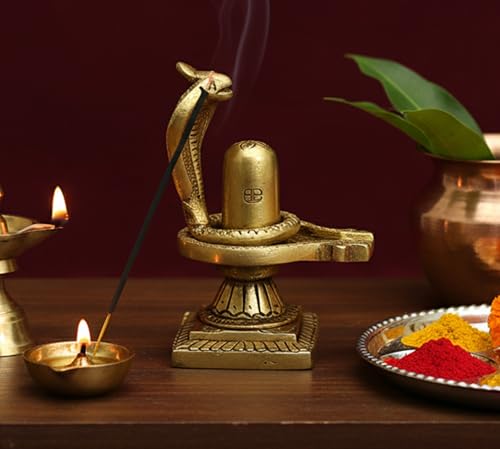 eSplanade Brass Shiv Ling Shiva Lingam with Sheshnaag Statue Idol Murti for Home Temple and Pooja - 4" Inches
