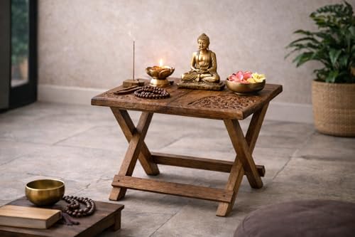 Tribe Azure Fair Trade Small Altar Table, Meditation Altar, Puja, Wood Wiccan Altar Table Buddhist, Tea Japanese, Small Low Side Table Dragon (Folding Small Floral) - size: Small Folding Floral