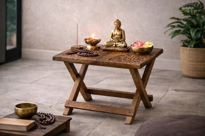 Tribe Azure Fair Trade Small Altar Table, Meditation Altar, Puja, Wood Wiccan Altar Table Buddhist, Tea Japanese, Small Low Side Table Dragon (Folding Small Floral) - size: Small Folding Floral