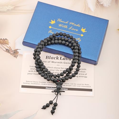 AD Beads 6mm 8mm 108 Prayer Mala Jasper Elastic Bracelet - Handmade Yoga Meditation Healing Power Energy Gifts for Unisex Adult. - color: Black Lava(Warmth)
