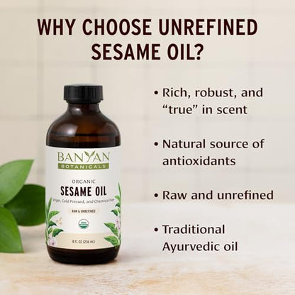 Banyan Botanicals Organic Unrefined Sesame Oil – Rich & Warming Ayurvedic Massage Oil for Body & Scalp – Traditional Abhyanga Oil for Deep Tissue Grounding & Recovery – 24 oz – USDA Organic - size: 24 Fl Oz (Pack of 1)