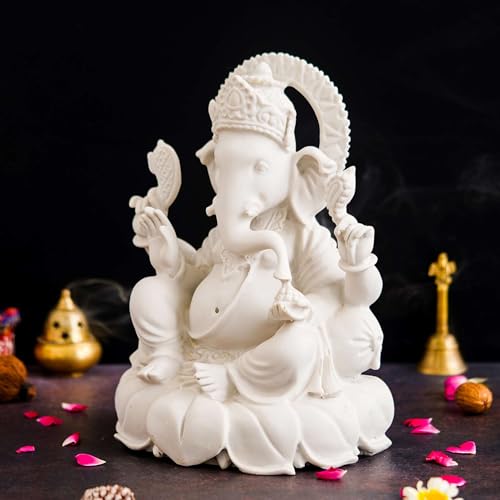 GrabM Marble Finish Ganesha Idol Ganpati Murti for Home Decor, Puja Room, Office Desk – Lord Ganesh Statue for Temple, Spiritual Gift, Housewarming, Diwali Decoration