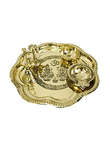 Brass thali Set 5 pcs Pooja Brass bhog thali Set Embossed Laxmi Ganesha shubh labh Plate Puja Aarti thali Home Mandir Temple Accessory Spiritual Gifts karwa chauth Heart Red Velvet Box - 8.5 inch