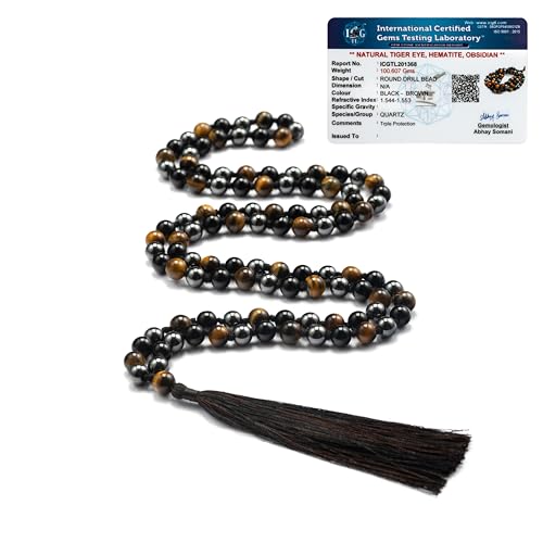 Triple Protection Mala 108 Beads 8mm Black Obsidian Tiger Eye Hematite