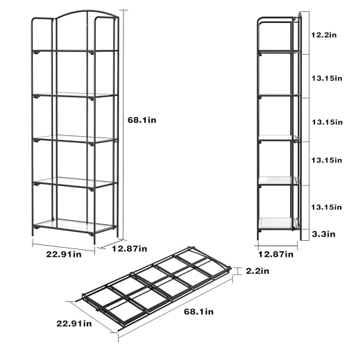 Crofy 5-Tier Foldable Bookshelf, Black Frame & Transparent Shelves - color: Black Frame & Transparent Shelf, size: 5 Tier