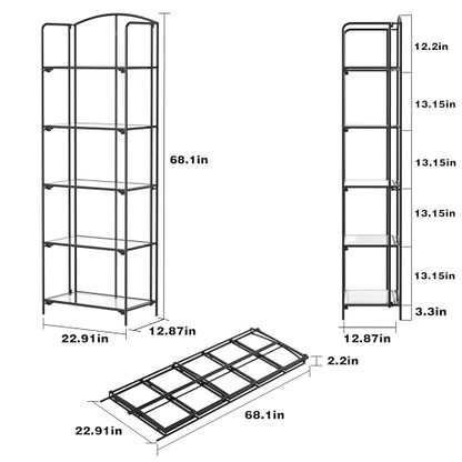 Crofy 5-Tier Foldable Bookshelf, Black Frame & Transparent Shelves - color: Black Frame & Transparent Shelf, size: 5 Tier