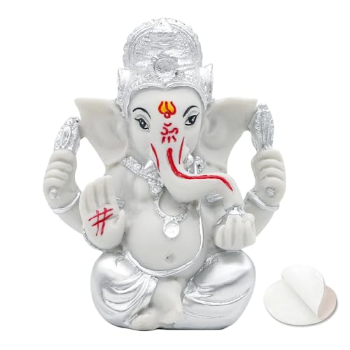 Ganesha Statue for Car Dashboard- 3.5"H Silver Toned Lord Ganpati Murti Hindu God Ganesh Idol for Home Mandir Temple Office Altar Pray Room Decor Diwali Pooja Decoration Spiritual Gifts for Indian - color: Silver