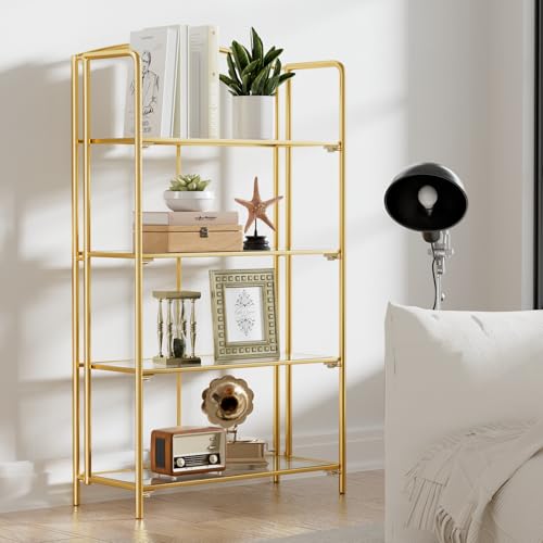Crofy 4-Tier Wider Foldable Bookshelf, Gold Frame & Transparent Shelves - color: Gold Frame & Transparent Shelf, size: 4 Tier Wider