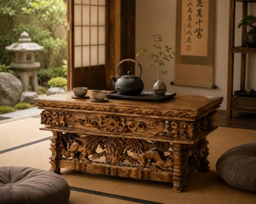 Tribe Azure Fair Trade Small Snow Lion Altar Table, Hand Carved Wooden Table with Majestic Garuda, 16 in x 9 in x 9 in - size: Small Snow Lion