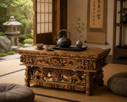 Tribe Azure Fair Trade Small Snow Lion Altar Table, Hand Carved Wooden Table with Majestic Garuda, 16 in x 9 in x 9 in - size: Small Snow Lion