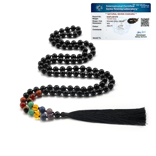 Black Obsidian 7 Chakra Mala Beads Necklace – 108 Beads, 8mm Natural Stone Meditation & Prayer Mala with Authenticity Lab Certificate