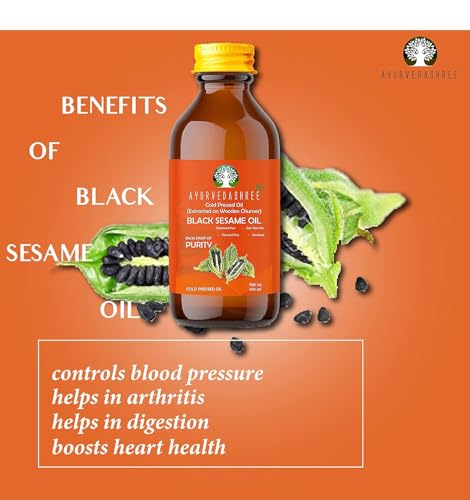 AYURVEDASHREE Black Sesame Oil 3.38 fl oz., Cold Pressed Oil, Extracted on Wooden Churner with Traditional Method, 100% Pure & Natural, No GMO, Untreated and Unrefined, for Cooking & Flavor Enhancer.