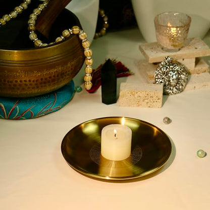 Gold Offering Prayer Ritual Bowl Plate Great for Altar,Witches,Meditation,Incense Sticks, smudging, Candle,Crystal,Jewelry,Yoga Use (Meditation Poster) - style: Meditation Poster