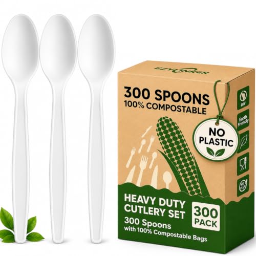 300-Count Compostable Spoons - Eco-friendly, Heavy Duty BPI Certified, Plastic-Free Disposable Spoons for BBQ, Camping, Events - Plant-Based No Plastic Spoon Set - size: 300 Spoons