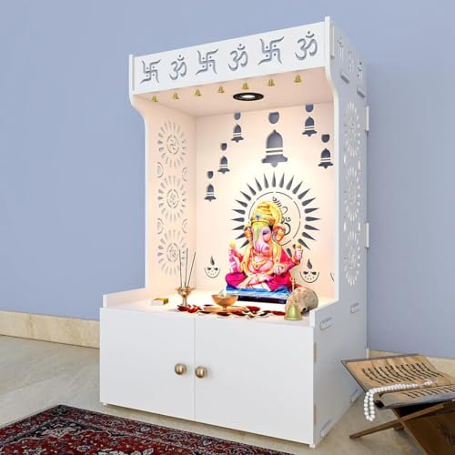 Divine Wooden Home Temple with Spacious Shelf inbuilt Focus Light Large DIY (DO-IT-Yourself) White - color: White1, size: Large