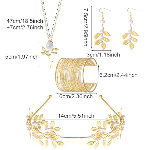 9 Pcs Greek Goddess Accessories for Women Golden Roman Laurel Leaf Crown Headband Upper Arm Cuff Bracelet Pearl Drop Earrings Necklace Toga Waist Belt Toga Costume Jewelry for Bridal Bridesmaid Wedding Party - style: Classic