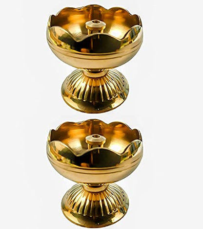Skywalk Set of 2 Flower Design Brass Diya Puja Deepak Oil Lamp (Size-1.5 Inch) Small Gold