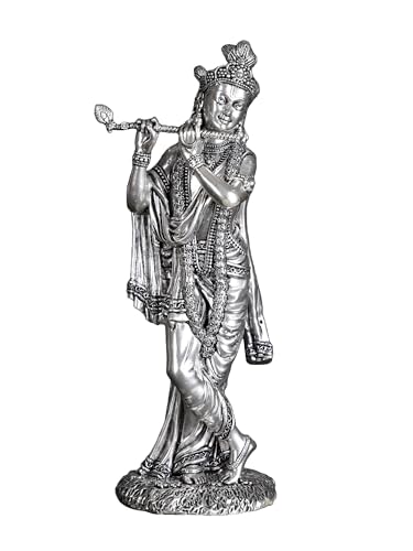 Exotic India Superfine Silver-Plated Lord Krishna Brass Statue | Kanha Ji Playing Flute Idol for Pooja Home Temple Murti Gifts - size: 6 Inch