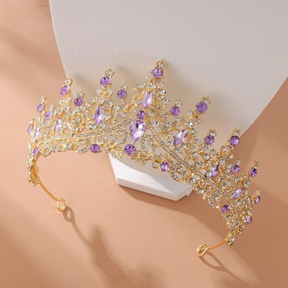 Kamirola Tiaras and Crowns for Women,Tiaras Earrings Necklace, Crystal Bridal Jewelry Set (TR48) - color: Gold Purple