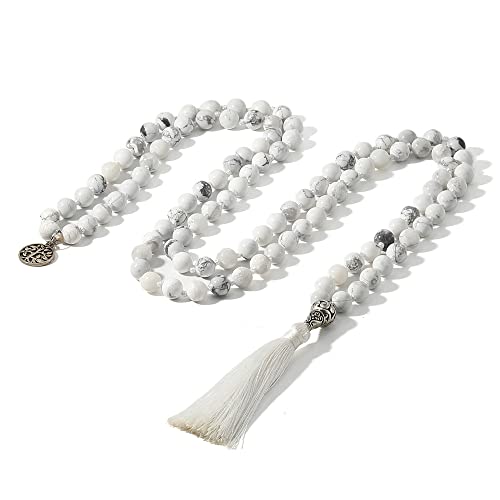 108 Mala Prayer Beads Necklace Natural Stones Meditation Yoga Jewery 108 Hand Knotted Japa Mala Beaded Long Tassel Necklace with Tree of Life Pendant for Men and Women - color: 8mm Howlite