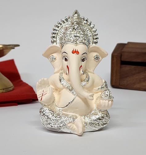 Gold Art India 999 Silver Plated Ganesh Idol for Car Dashboard God Ganesha Idol for Home Decor Ganpati for Gift Home Office Table Shelves Gifting 3.5 inches (Silver) (Silver Cherry Blossom), Idol - color: Silver