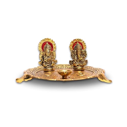 Aluminium Golden Color Plate Lakshmi Ganesh statues with Plate set for Diwali Decorations for Home office & mandir decoration items Indian festival Dhanteras Pooja Thali Diwali Gifts_puja plate set