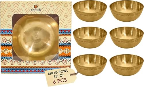 SATVIK Set of 6 Big Pure Brass Bhog Bowl Set for Pooja, Meditation & Offerings - Premium Indian Prasad Katori Set, Pack of 4/6/8/12, Perfect for Home Temples, Yoga, Diwali & Altar Supplies