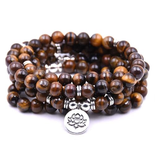 108 Mala Beads Bracelet Necklace - Gemstone Prayer Beads with Lotus Charm for Meditation & Yoga - style: Brown Tiger's Eye