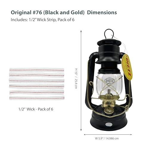 Light of Mine - Dietz #76 Original Black with Gold Trim Oil Lantern Bundle Including 6-Pack of 100% Cotton 1/2" Replacement Wick Strips (#76, BLK & G) - style: Black with Gold Trim
