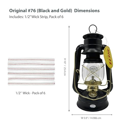 Light of Mine - Dietz #76 Original Black with Gold Trim Oil Lantern Bundle Including 6-Pack of 100% Cotton 1/2" Replacement Wick Strips (#76, BLK & G) - style: Black with Gold Trim