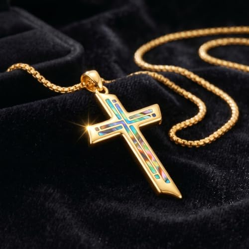 ROMANTICWORK Cross Pendant Necklace 14k Gold Plating Christian Crucifix Necklace Religious Confirmation Jewelry Gifts for Men Women - color: Abalone Shell Cross
